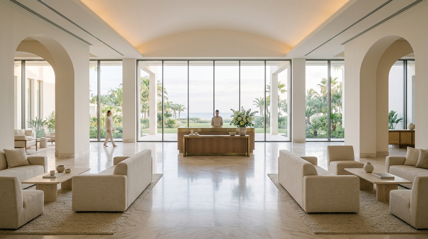Sunlit resort lobby at morning — pale marble floors, linen seating, a brass-edged concierge desk