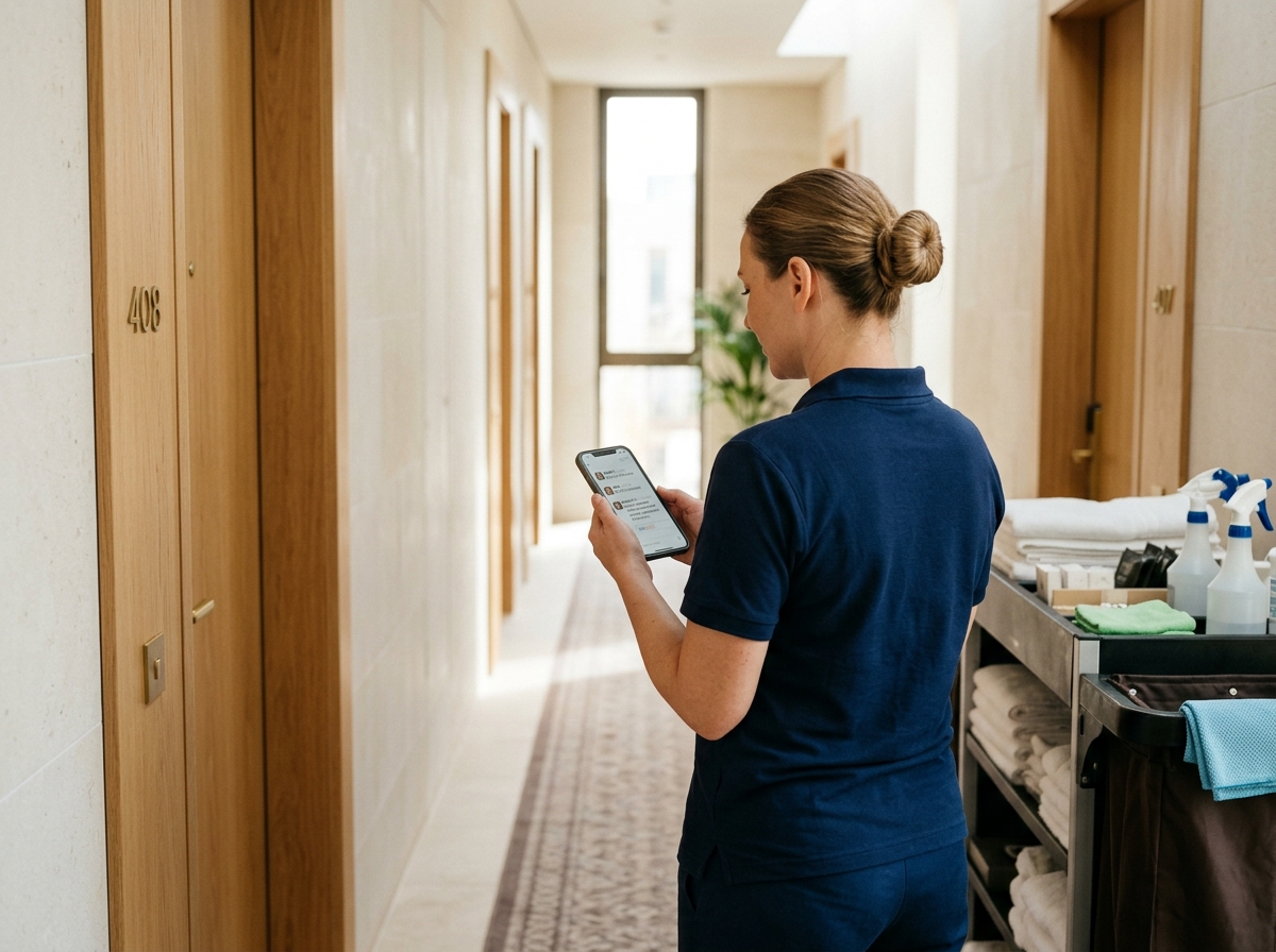 Housekeeping staff member viewing task on phone in corridor