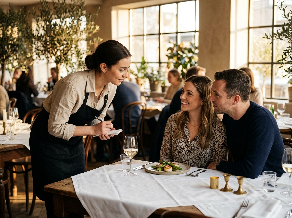 Server taking an order at a sunlit dining table