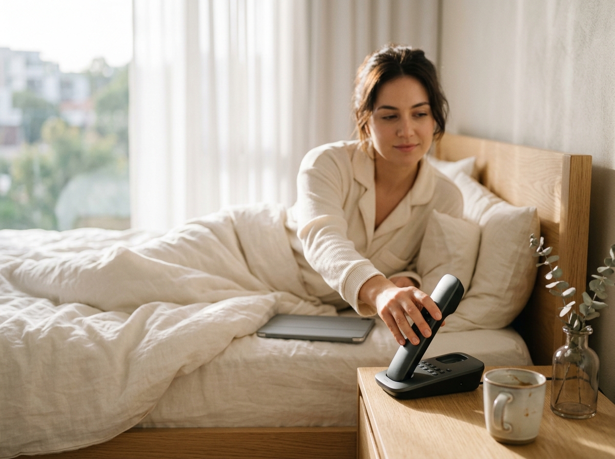 Guest reaching for bedside phone in hotel room